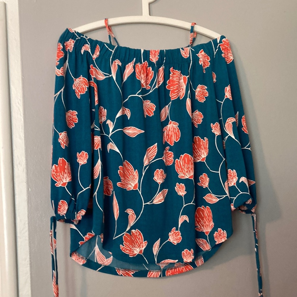 Beautifully patterned teal & orange off-the shoulder summer top